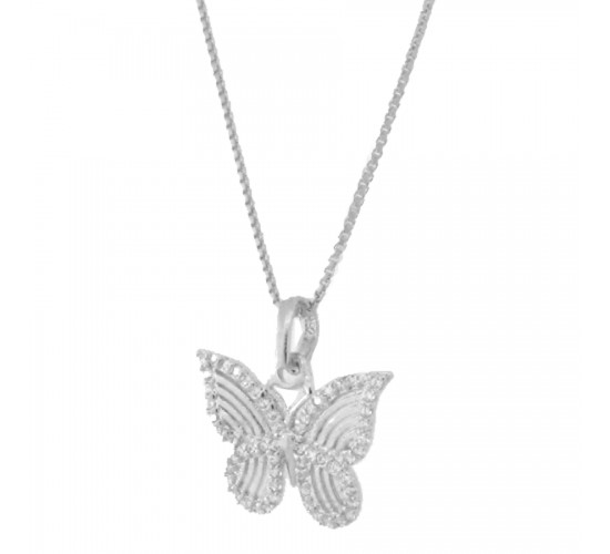 Colar borboleta menor vazada, zirconia branca em volta  6x10mm, Prata. 3620270