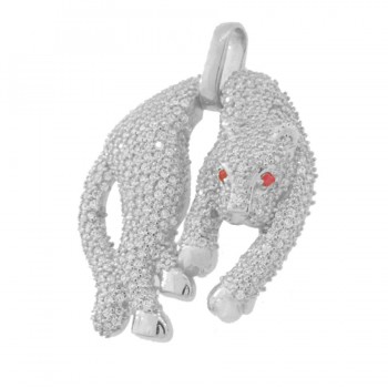 Pingente pantera media toda cravejada com zirconia cristal, e olho vermelho, Prata. 3620320