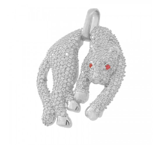 Pingente pantera media toda cravejada com zirconia cristal, e olho vermelho, Prata. 3620320