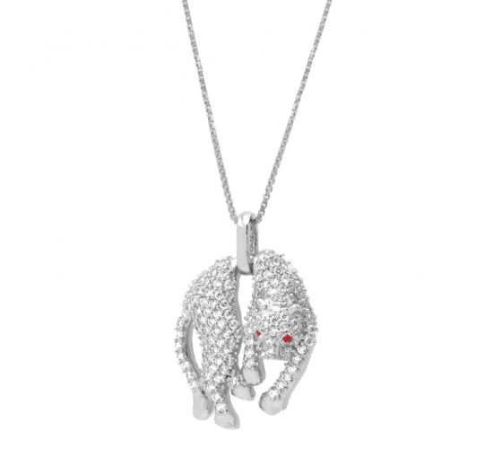 Colar Pantera menor toda cravejada com zirconia branca e olhos vermelho rubi, 14x12mm, Prata. 3620400