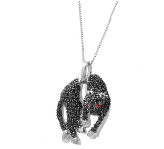 Colar Pantera menor toda cravejada com zirconia negra e olhos vermelho rubi, 14x12mm, Prata. 3620405