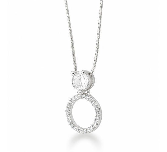 Colar redondo zirconia cristal, pedra maior cristal, corrente 45cm. 12x6mm, prata. 3620520