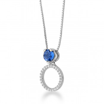 Colar redondo zirconia cristal, pedra maior azul safira corrente 45cm. 12x6mm, prata. 3620522