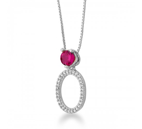 Colar oval, zirconia cristal pedra maior cor vermelho rubi.  Corrente 45cm, prata. 3620539