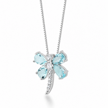Colar libelula navete azul claro e zirconia cristal, corrente 45cm. 12x10mm, prata. 3620571
