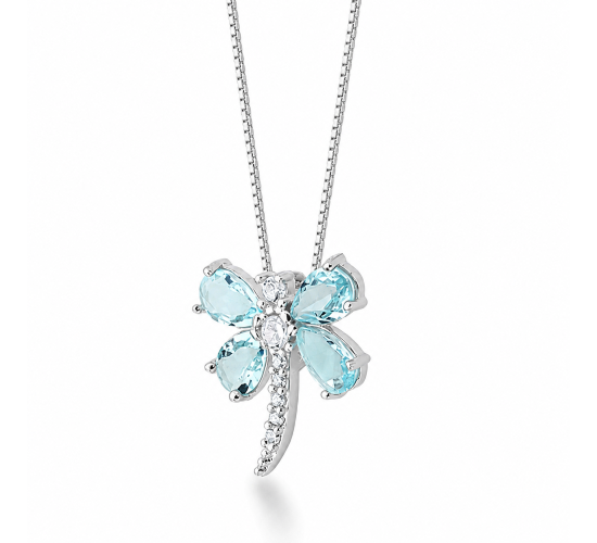 Colar libelula navete azul claro e zirconia cristal, corrente 45cm. 12x10mm, prata. 3620571