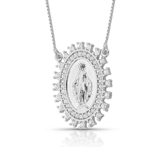 Colar medalha oval Nossa Senhora das Graças zirconia cristal em volta, Prata. 3620660