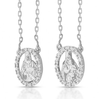 Escapulario Nossa Senhora do Carmo oval vazado, com zirconia cristal, corrente cadeado 60cm, Prata. 3620740