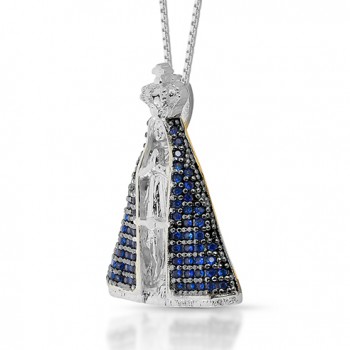 Colar Nossa Senhora Aparecida 27mm, mando zirconia azul safira com forro, corrente 45cm. 3620802