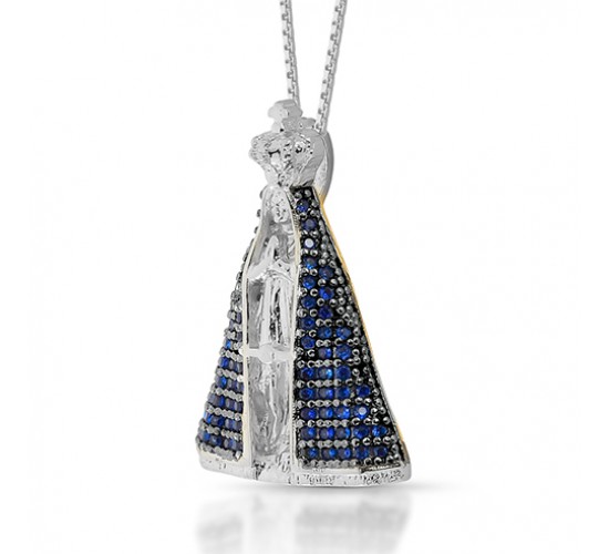 Colar Nossa Senhora Aparecida 27mm, mando zirconia azul safira com forro, corrente 45cm. 3620802