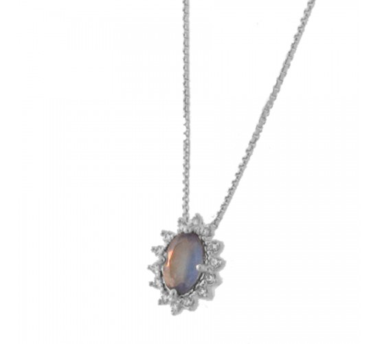 Colar pedra maior oval zirconia azul, zirconia cristal em volta. 6x3mm, prata. 3630042