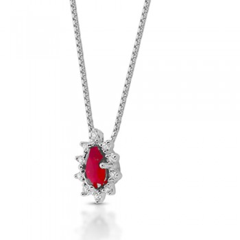 Colar gota vermelho rubi e zirconia cristal em volta, 5x3mm, Prata. 3630059