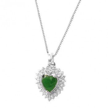 Colar coracao verde esmeralda cravejado com zirconia branca em volta, 10x7mm, Prata. 3630068