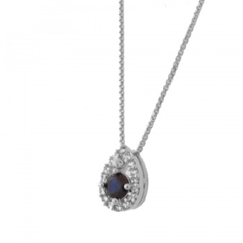 Colar gota pequena zirconia cristal em volta e azul safira dentro. 4x2mm, prata. 3630072