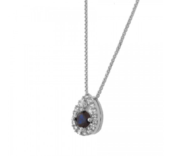 Colar gota pequena zirconia cristal em volta e azul safira dentro. 4x2mm, prata. 3630072