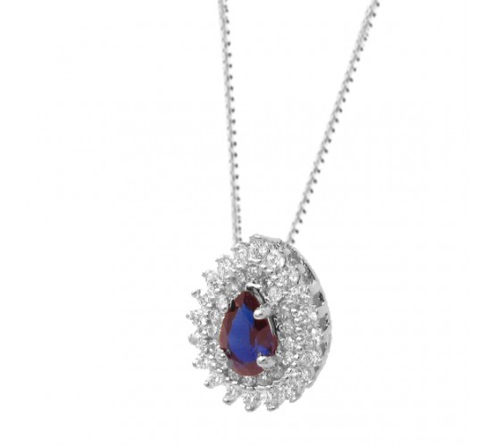 Colar gota azul safira dentro e zirconia cristal em volta, 8x6mm, Prata. 3630172