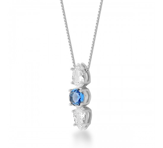 Colar centro pedra azul e pontas gota cristal, 15x1mm, Prata. 3630212