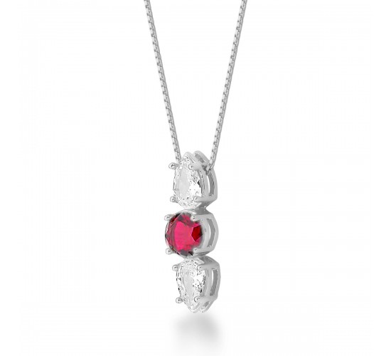 Colar pedra redonda vermelho rubi no meio, e gota em cima e embaixo, 15x1mm, Prata. 3630219