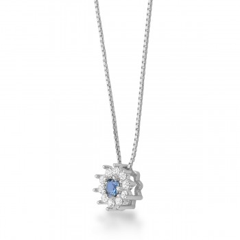 Colar flor pequena zirconia azul centro e cristal em volta, corrente 40cm. 3mm, prata. 3630232