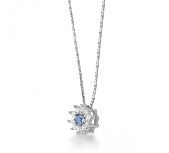 Colar flor pequena zirconia azul centro e cristal em volta, corrente 40cm. 3mm, prata. 3630232