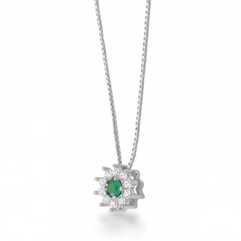 Colar flor pequena zirconia verde centro e cristal em volta, corrente 40cm. 3mm, prata. 3630238