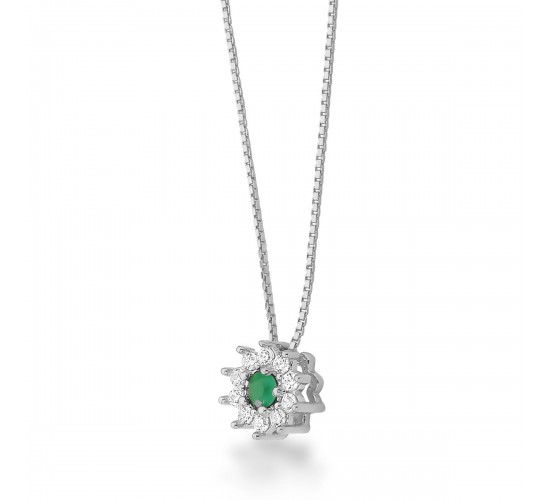 Colar flor pequena zirconia verde centro e cristal em volta, corrente 40cm. 3mm, prata. 3630238