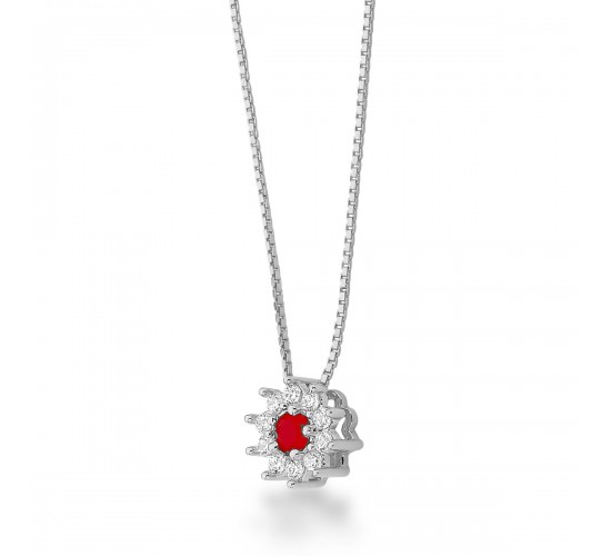 Colar flor pequena zirconia vermelha centro e cristal em volta, corrente 40cm. 3mm, prata. 3630239