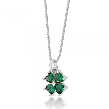 Colar trevo verde esmeralda, corrente 45cm, Prata. 3635348