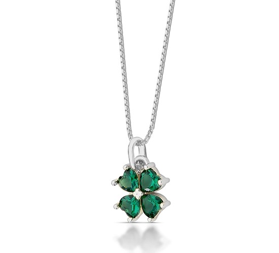 Colar trevo verde esmeralda, corrente 45cm, Prata. 3635348