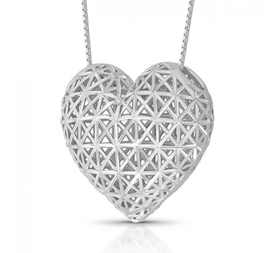 Colar coração diamantado maior todo vazado 23x28mm. Correte 45cm, Prata. 363556G