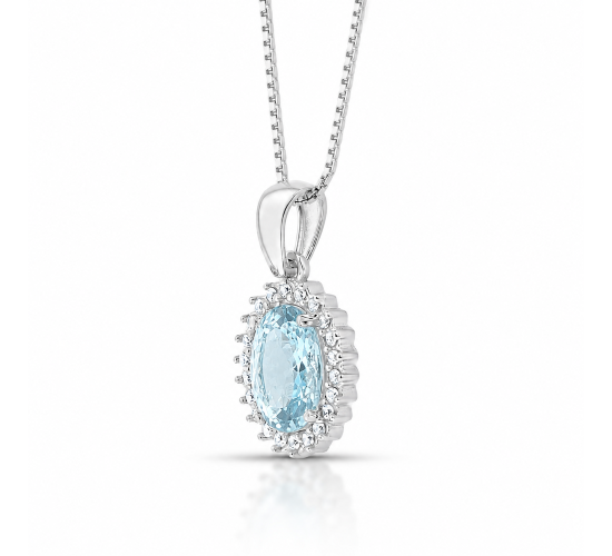 Colar oval agua marinha 17mm com zirconia cristal em volta, prata. 3635591