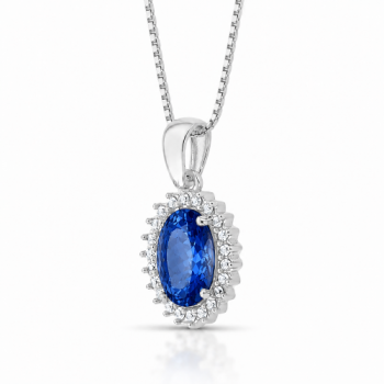 Colar oval azul safira 17mm com zirconia cristal em volta, prata. 3635592