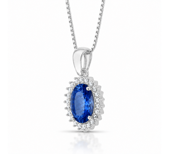 Colar oval azul safira 17mm com zirconia cristal em volta, prata. 3635592