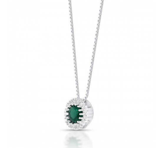 Colar chuveiro redondo pedra maior zirconia verde esmeralda aro com zirconia cristal em volta, prata. 3630098