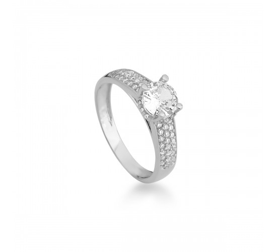 Anel solitario 6mm com zirconia cristal nas laterais, prata. 340369