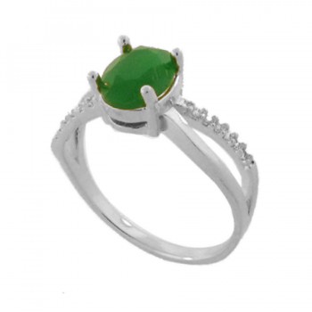 Anel solitario oval verde esmeralda zirconia cristal nas laterais, prata. 341184