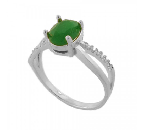 Anel solitario oval verde esmeralda zirconia cristal nas laterais, prata. 341184