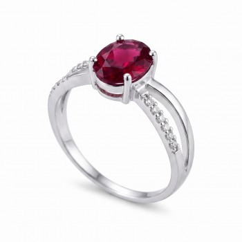 Anel solitario vermelho rubi zirconia cristal nas laterais, prata. 341398