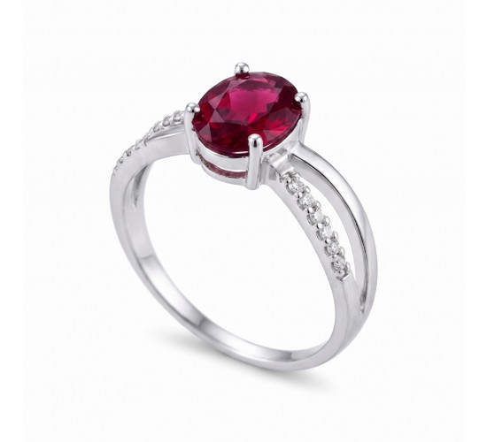 Anel solitario vermelho rubi zirconia cristal nas laterais, prata. 341398