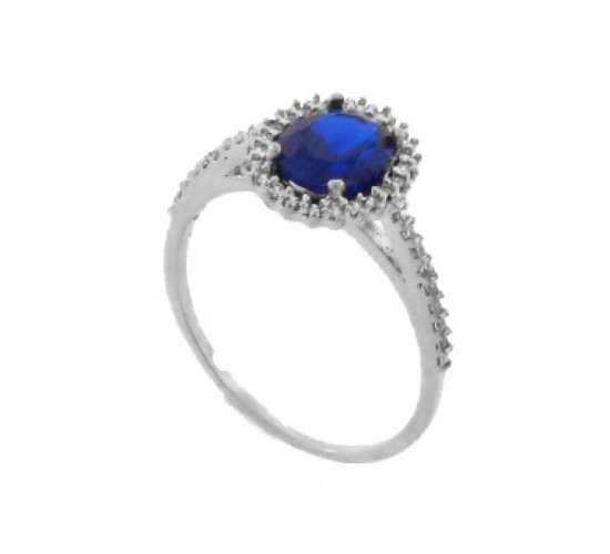 Anel oval azul safira com zirconia cristal nas laterais, prata. 341415