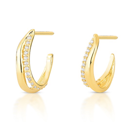 Brinco meia argola media movimento lisa e com zirconia cristal. 14mm. 151566