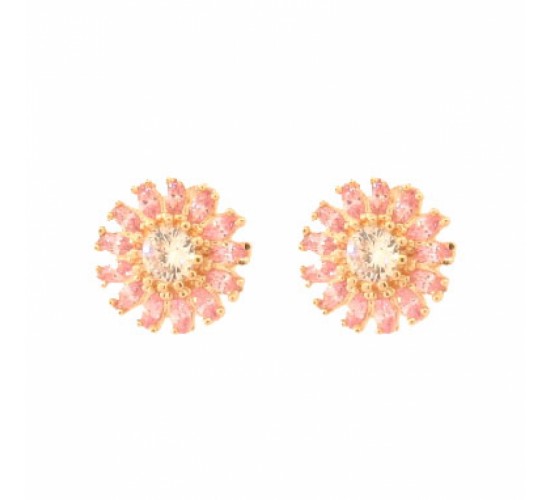 Brinco flor com petalas navete rosa claro e miolo zirconia cristal. 11.5mm. 151593
