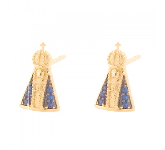 Brinco Nossa Senhora Aparecida com manto zirconia azul. 11.5x7mm. 151944