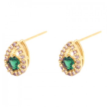 Brinco gota pequena zirconia cristal em volta e verde esmeralda dentro. 9x6.5mm. 1530078