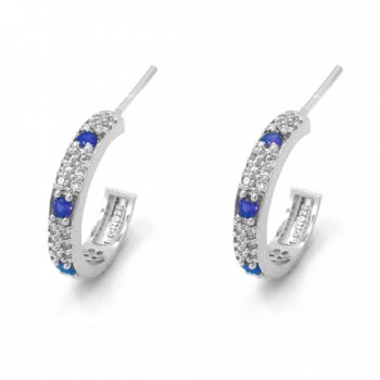 Brinco meia argola zirconia cristal com 4 zirconias azul, 17mm, Prata. 351254