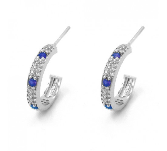 Brinco meia argola zirconia cristal com 4 zirconias azul, 17mm, Prata. 351254