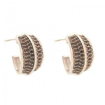 Brinco meia argola media zirconia negra filete liso no centro. 16x10mm, prata. 351384