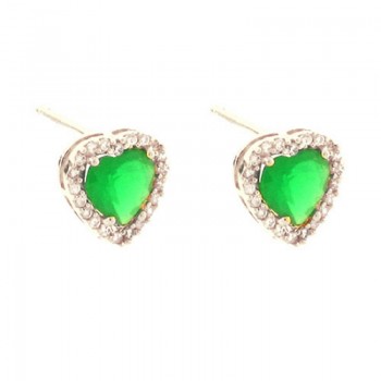 Brinco coracao pedra maior verde esmeralda com zirconia cristal em volta, 9.5x9.5mm, Prata. 351394