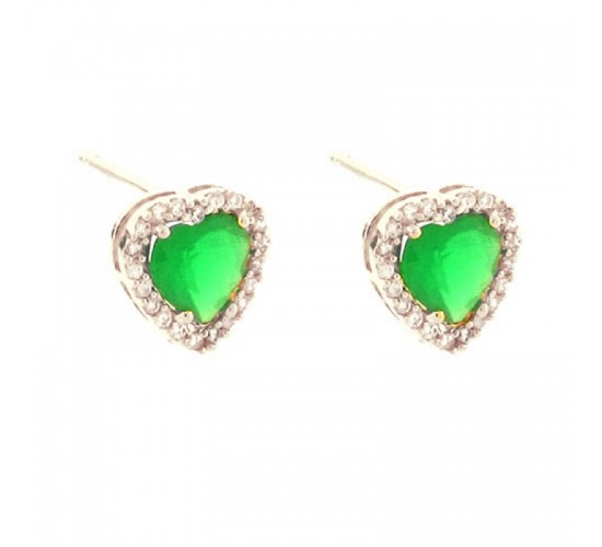 Brinco coracao pedra maior verde esmeralda com zirconia cristal em volta, 9.5x9.5mm, Prata. 351394