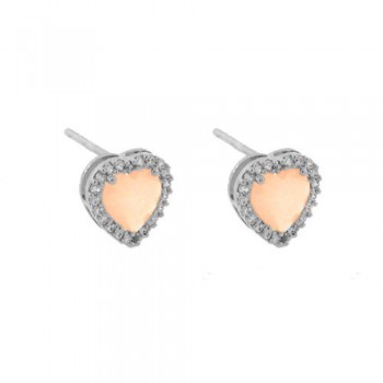 Brinco coracao pedra maior rosa leitoso com zirconia cristal em volta, 9.5x9.5mm, Prata. 351412